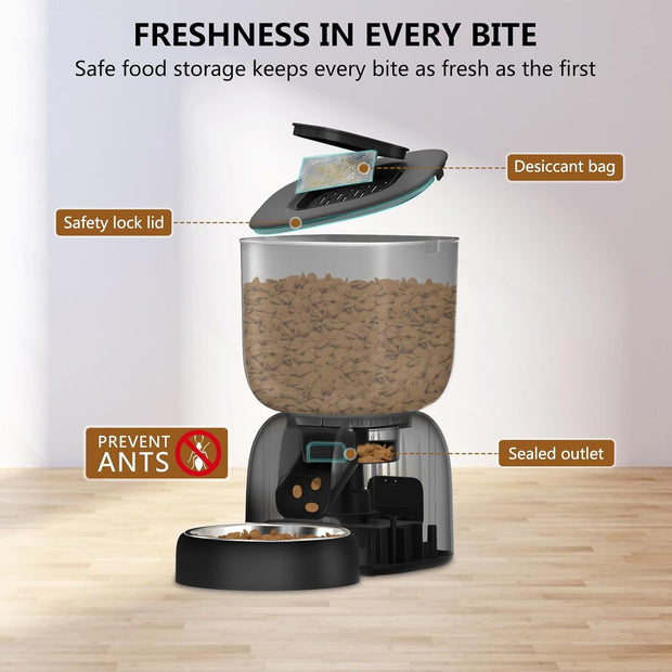 Smart Cat Feeding System - Dual Power Cat Feeder & Water Dispenser With Locking Lid, Desiccant Bag, Precise Portion Control For 4 Daily Meals, 10s Voice Recording Option