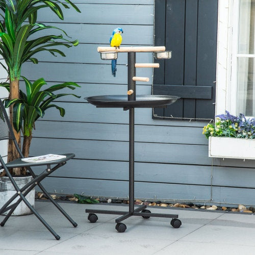 PawHut Bird Play Stand, Portable Parrot Perch, Bird Feeder Station, With Four Wheels, Stainless Steel Feeding Bowls, Round Tray, Grey