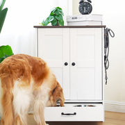 Dog Feeding Station, Dog Food Locker With Hidden Dog Bowl, Adjustable Panel, Hook, Medium Dog, White